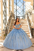 A woman wears a Sky Blue off-shoulder ball gown, standing on an elegant staircase with ornate railings.