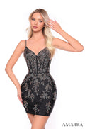 A woman wears a Black fitted spaghetti strap cocktail dress with sparkling floral pattern at Amarra photoshoot.