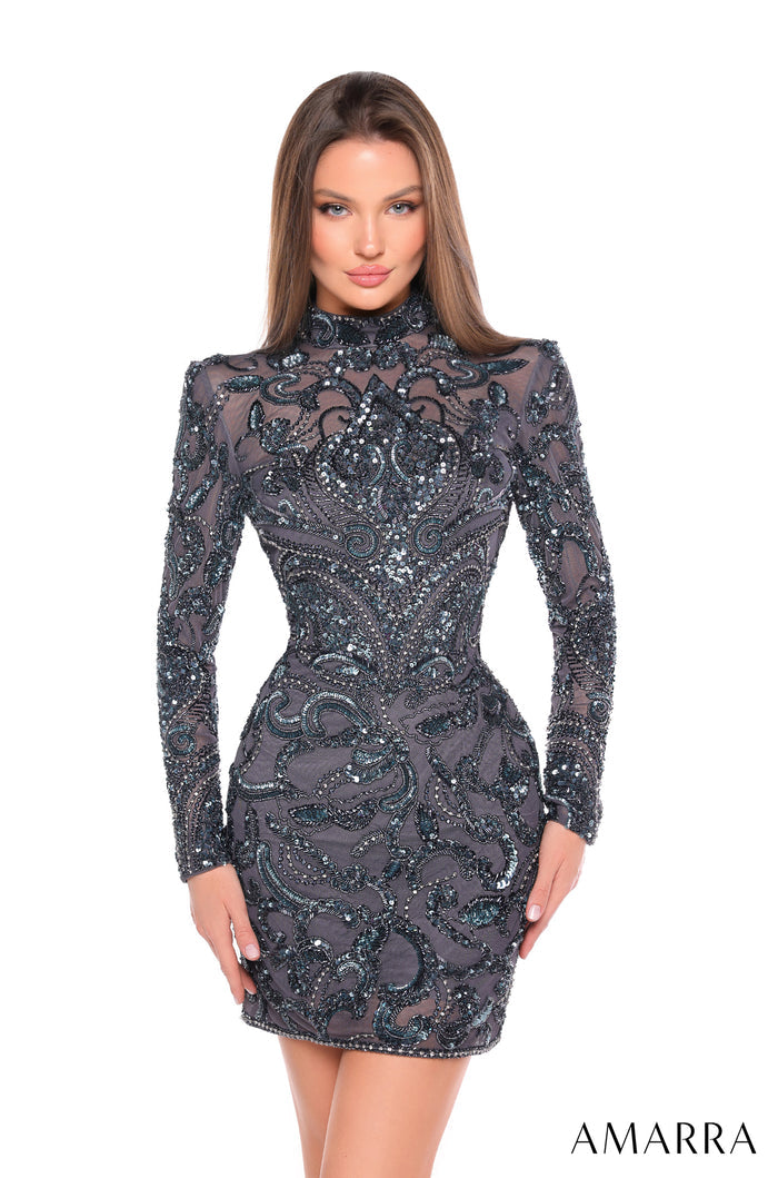 A slim-fitting charcoal sequin and lace long-sleeve cocktail dress with intricate paisley-like embellishments.