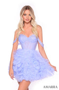 A model wears a periwinkle tulle corset mini dress with ruffled skirt and off-shoulder lace details.