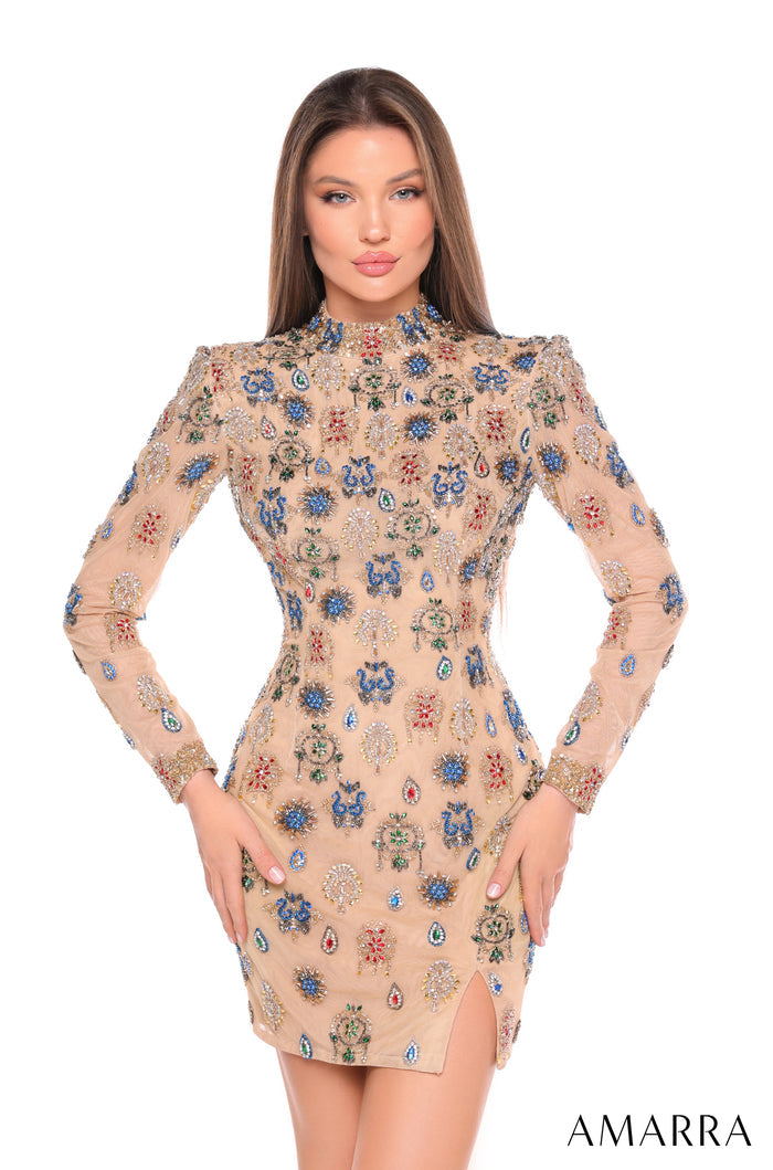 A form-fitting Amarra nude/multi dress covered in colorful embellished floral and geometric jeweled patterns.