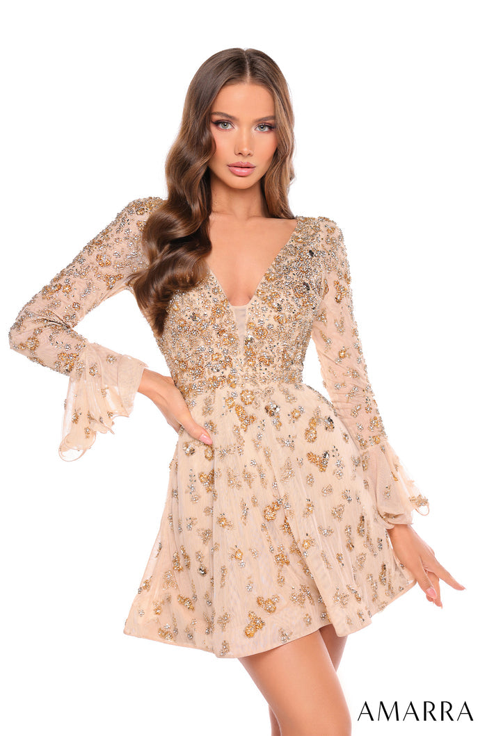 A model wears a Gold/Silver beaded, long-sleeve, V-neck mini dress with shimmering embellishments.