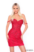 A woman wears a fitted, off-shoulder red sequin cocktail dress with sweetheart neckline.