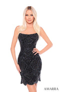 A blonde model wears a strapless Black/Black AB sequin cocktail dress with an ornate geometric beaded pattern.