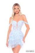 A model wears a shimmering light blue sequined off-shoulder cocktail dress with a sweetheart neckline.