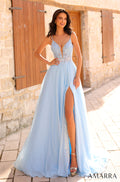 A woman wears a Light Blue floor-length gown with a plunging lace bodice and high slit, standing by wooden shutters.