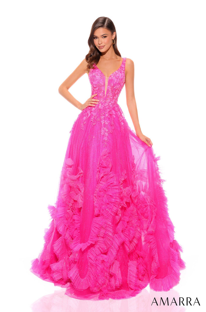 A hot pink ballgown with a plunging neckline, floral appliqués, and a ruffled tulle skirt.