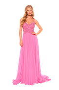 Model wears a Bright Pink floor-length gown with beaded bodice and flowing chiffon skirt.