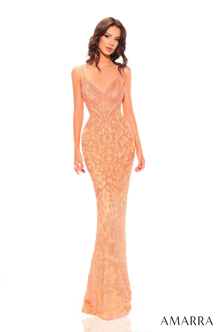 A floor-length Amarra gown in Dreamsicle, featuring an intricate beaded pattern and form-fitting silhouette.