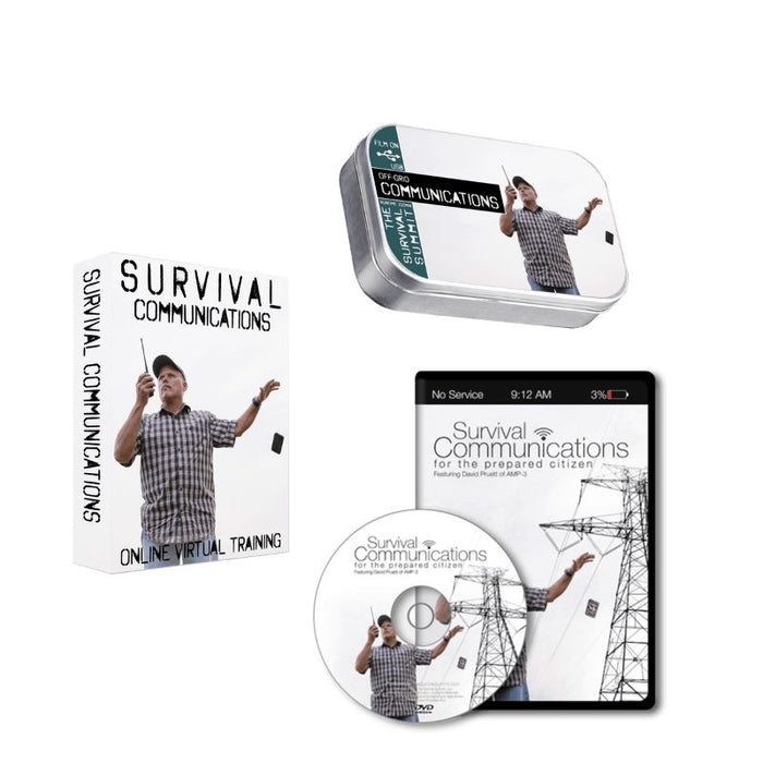 Survival Communications DVD or USB showing man using radio with power lines, highlighting A Way Through the Wilderness ethos