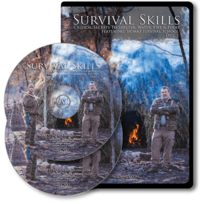 Survival Skills DVD cover showing men in wilderness teaching shelter, fire, water, and food survival techniques by Survival Gear Inc.