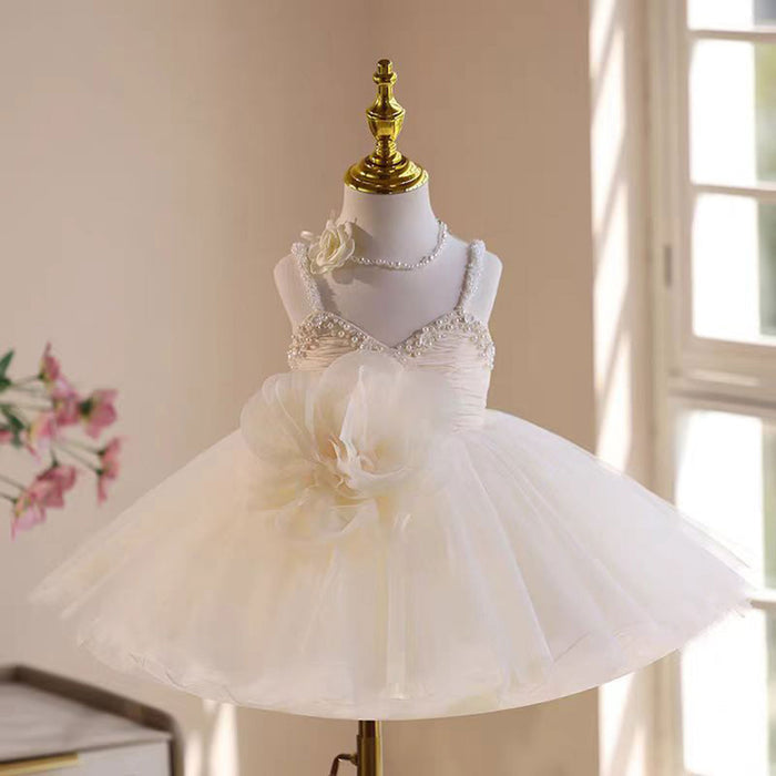Sweetheart 3D Flowers Sling Pearled Tulle Girl Dress Beige J537