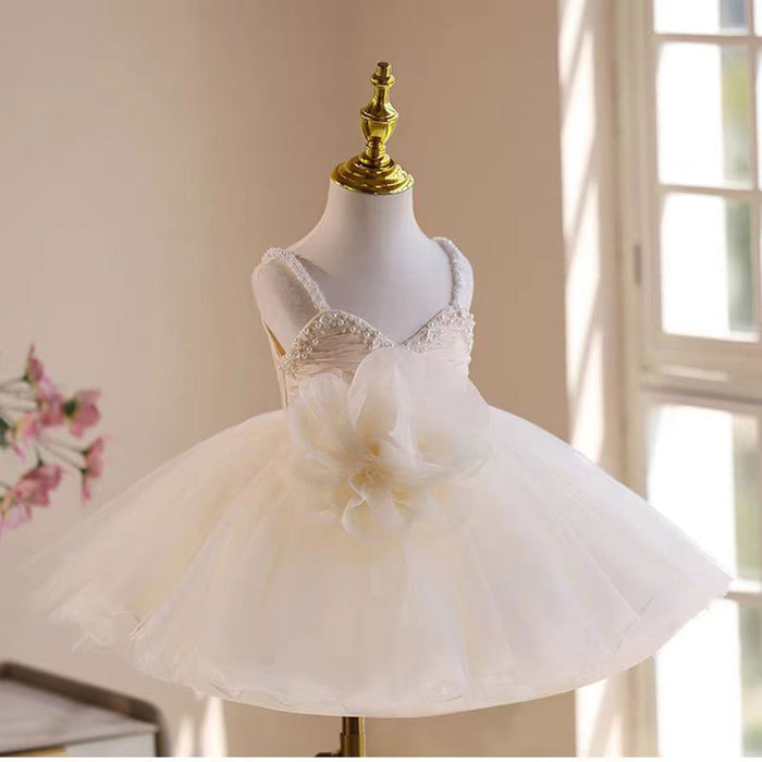 Sweetheart 3D Flowers Sling Pearled Tulle Girl Dress Beige J537