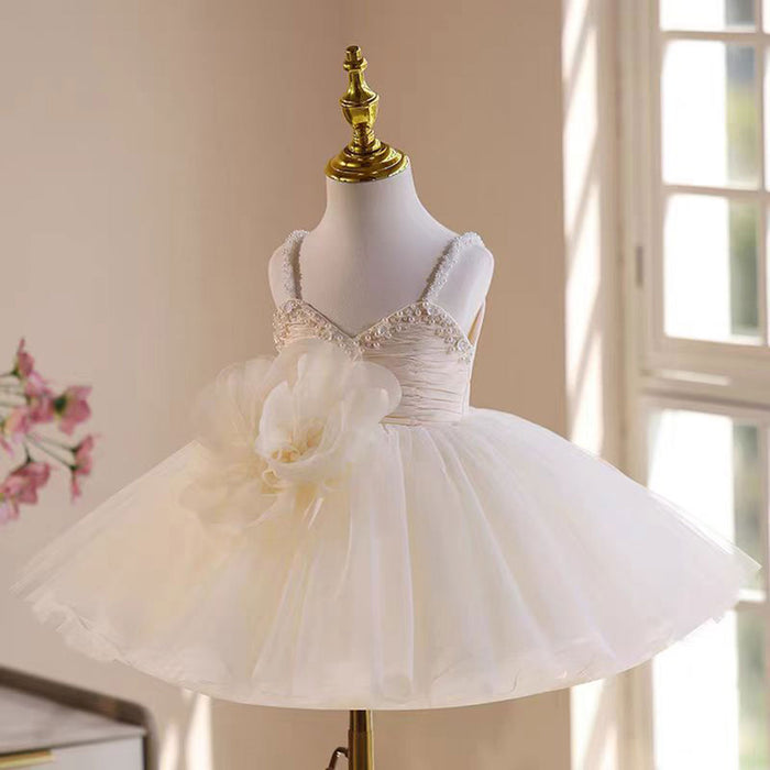 Sweetheart 3D Flowers Sling Pearled Tulle Girl Dress Beige J537
