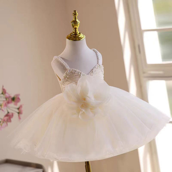 Sweetheart 3D Flowers Sling Pearled Tulle Girl Dress Beige J537