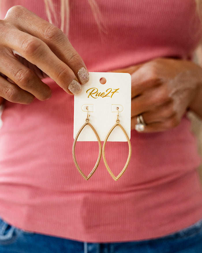 Textured Metal Marquise Shaped Dangle Earrings - Gold Trendy Wholesale