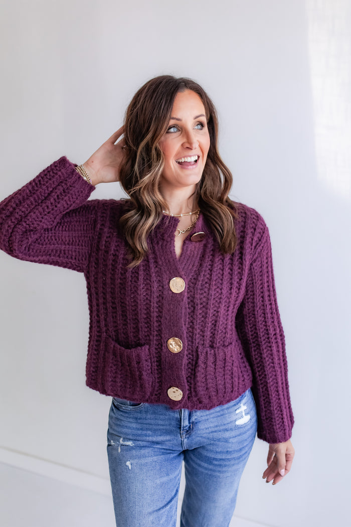 The Blair Chunky Knit Cardigan - Deep Purple - One Eleven Olive Boutique