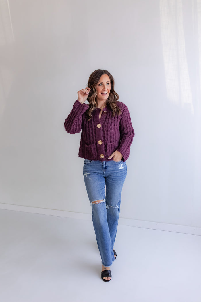 The Blair Chunky Knit Cardigan - Deep Purple - One Eleven Olive Boutique