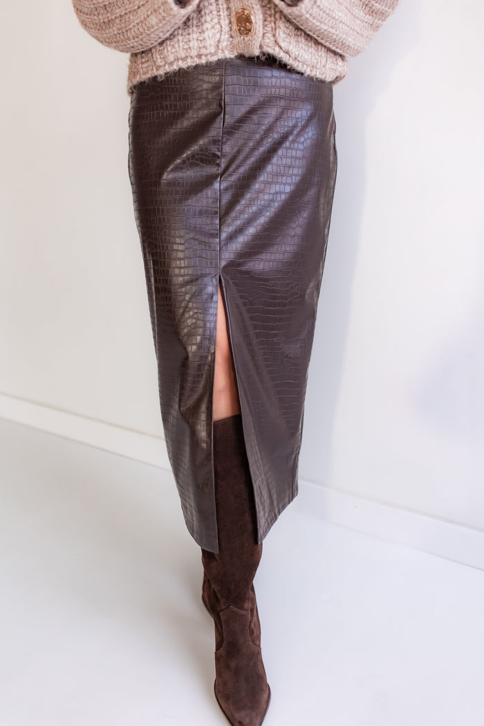 The Espresso Leather Midi Skirt - One Eleven Olive Boutique