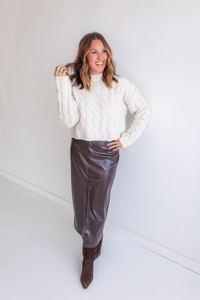 The Espresso Leather Midi Skirt - One Eleven Olive Boutique