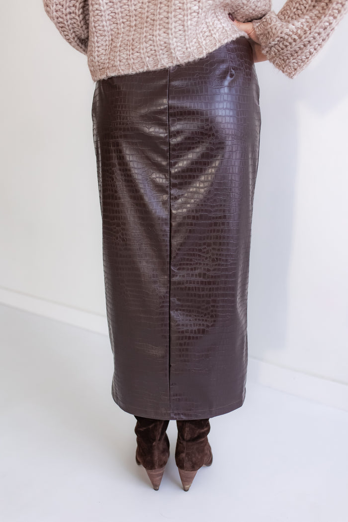 The Espresso Leather Midi Skirt - One Eleven Olive Boutique