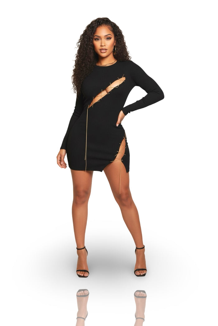 The Night Is Young - Long Sleeve High Side Split Chain Tie Detail Dress