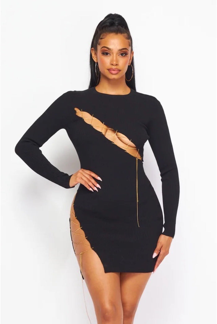 The Night Is Young - Long Sleeve High Side Split Chain Tie Detail Dress