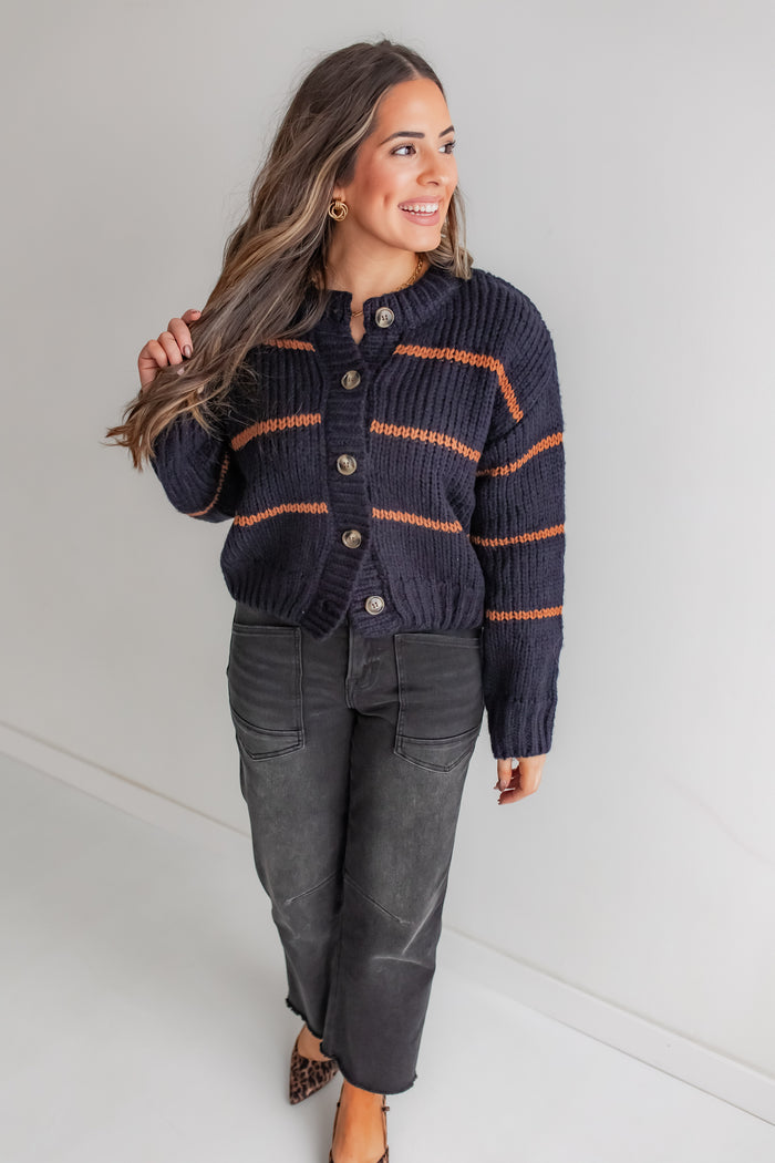 The Striped Muse Cardi - Navy/Mocha - One Eleven Olive Boutique