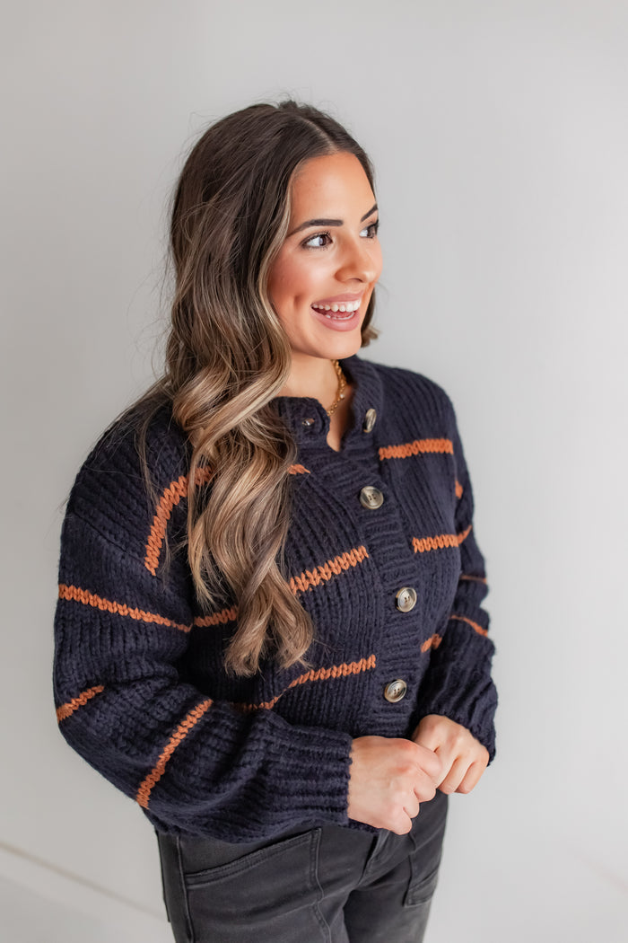 The Striped Muse Cardi - Navy/Mocha - One Eleven Olive Boutique