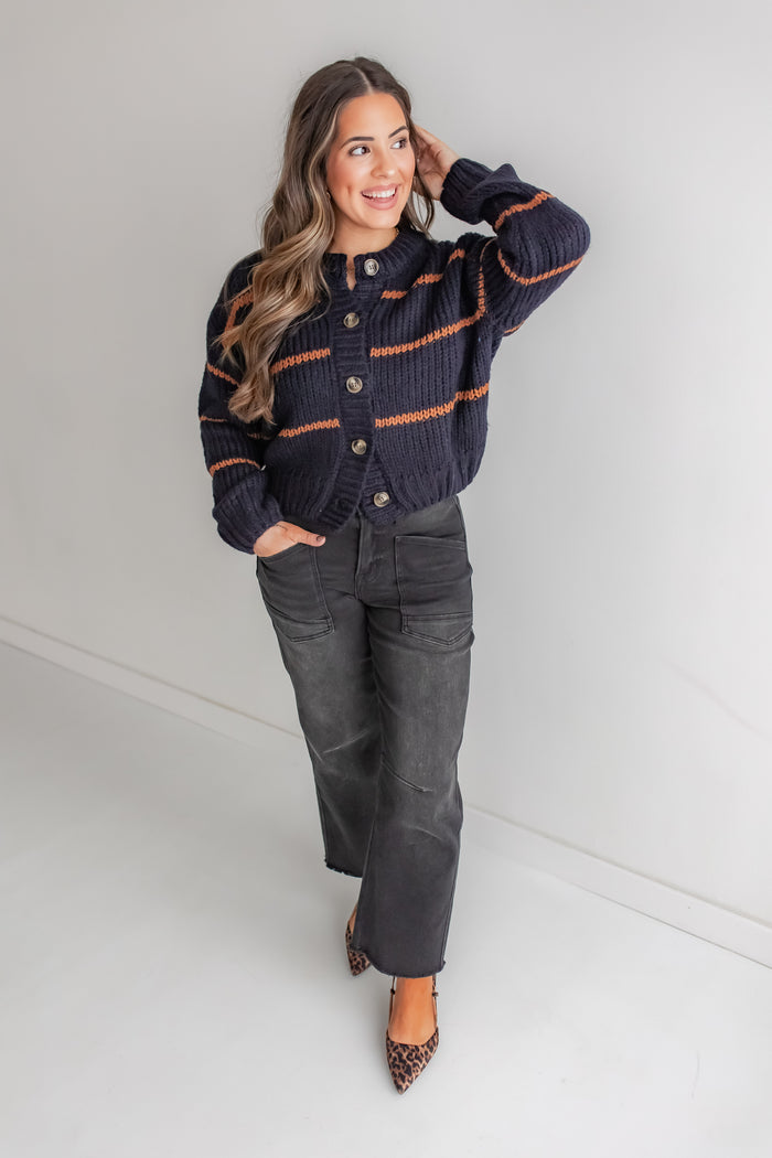 The Striped Muse Cardi - Navy/Mocha - One Eleven Olive Boutique
