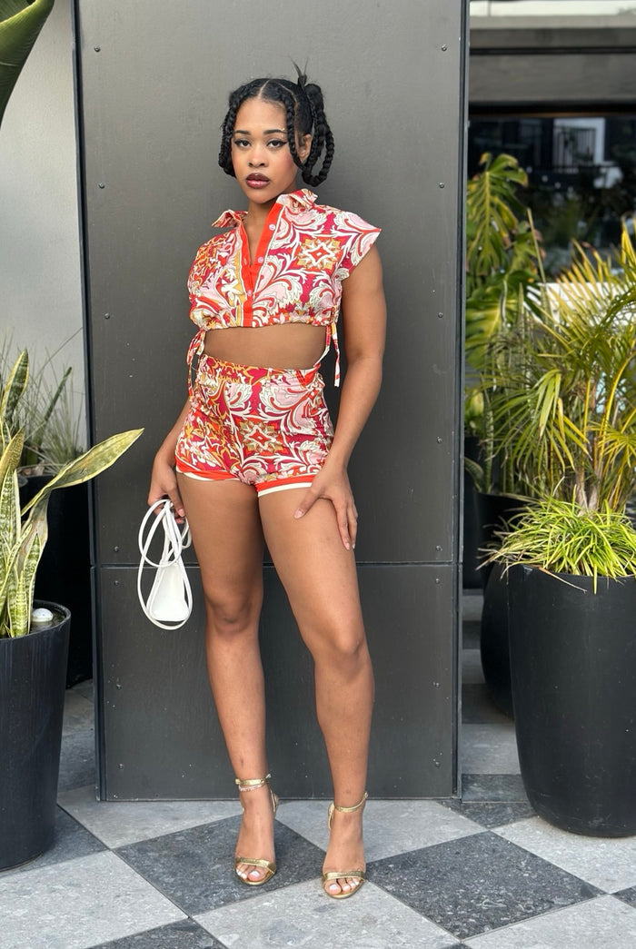 Time Will Tell - Matching Tropical Print No Stretch Short Set