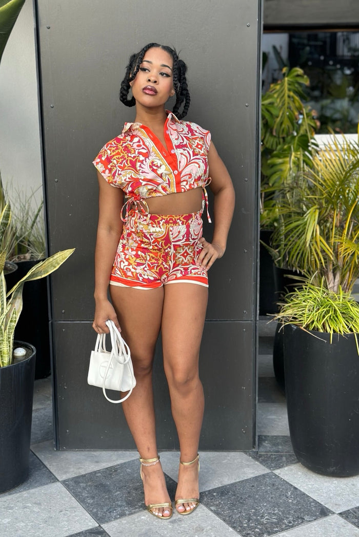 Time Will Tell - Matching Tropical Print No Stretch Short Set