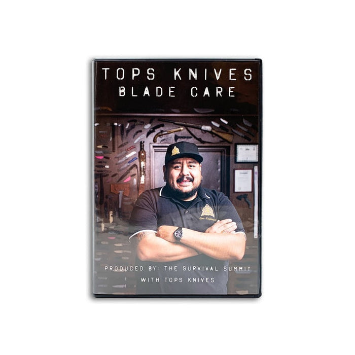 DVD cover for 'Tops Knives Blade Care' featuring a person with crossed arms in a room.