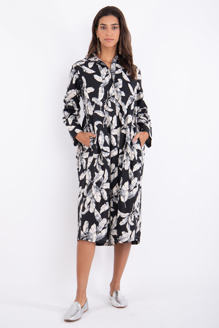 Trablos Cotton Black Printed Leaves Dress
