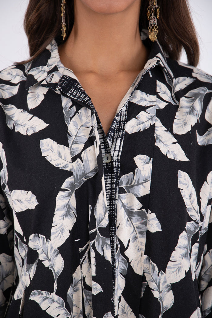 Trablos Cotton Black Printed Leaves Dress