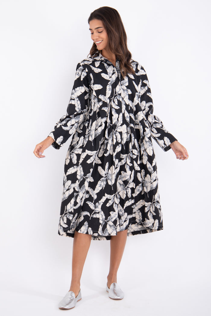 Trablos Cotton Black Printed Leaves Dress