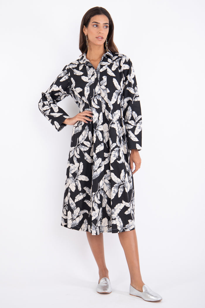 Trablos Cotton Black Printed Leaves Dress