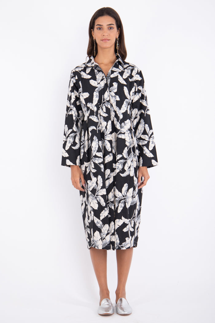 Trablos Cotton Black Printed Leaves Dress
