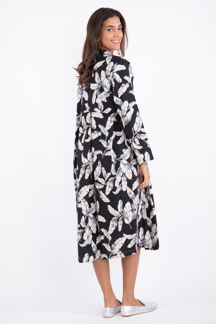 Trablos Cotton Black Printed Leaves Dress