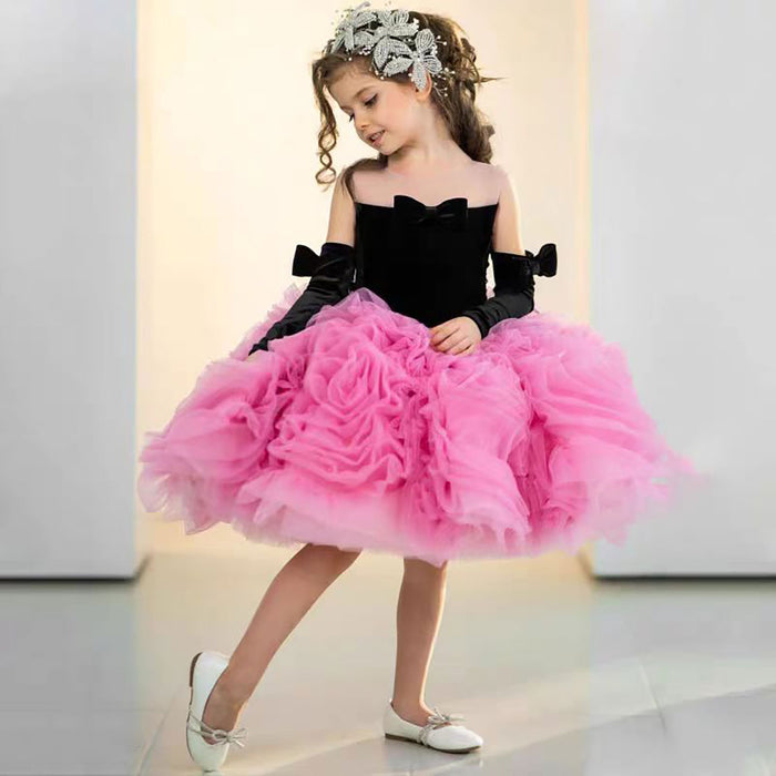 Tube Top Design Bowed Black Pink Flower Girl Dress D058