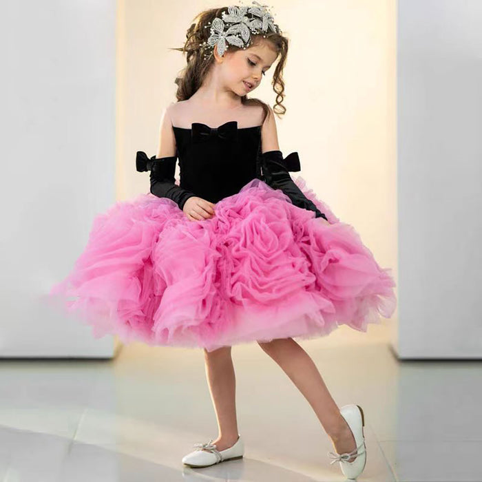 Tube Top Design Bowed Black Pink Flower Girl Dress D058