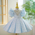 V-Neck Pearl Lace Baby Girl Dress With Flower Pattern Blue J799