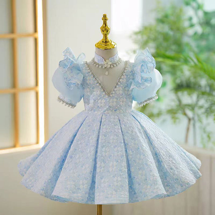 V-Neck Pearl Lace Baby Girl Dress With Flower Pattern Blue J799