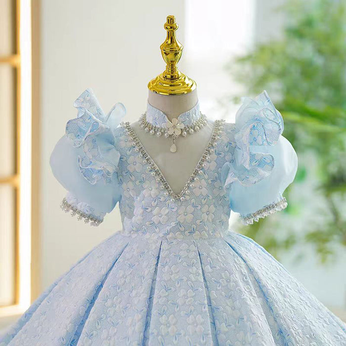 V-Neck Pearl Lace Baby Girl Dress With Flower Pattern Blue J799