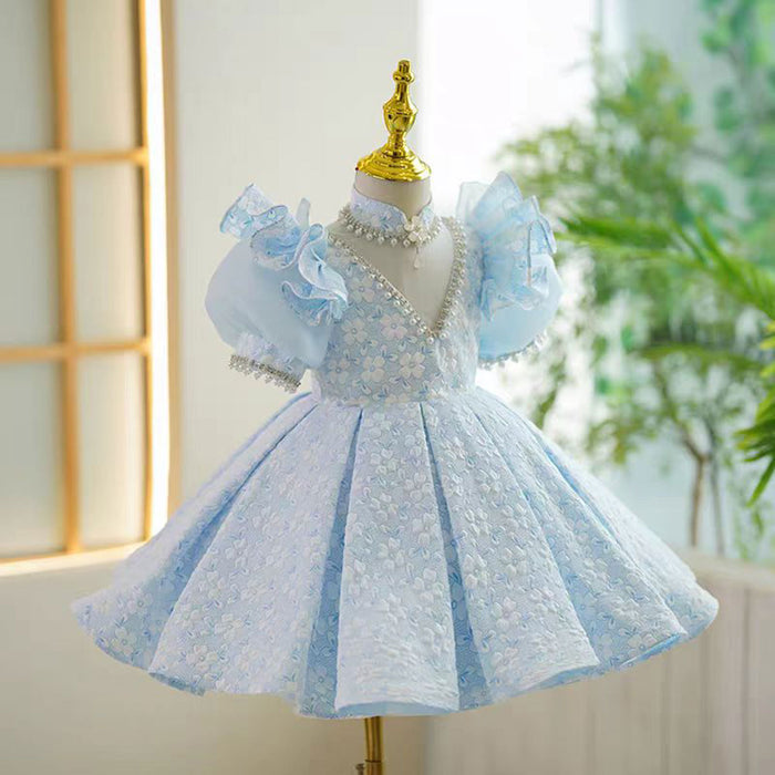 V-Neck Pearl Lace Baby Girl Dress With Flower Pattern Blue J799