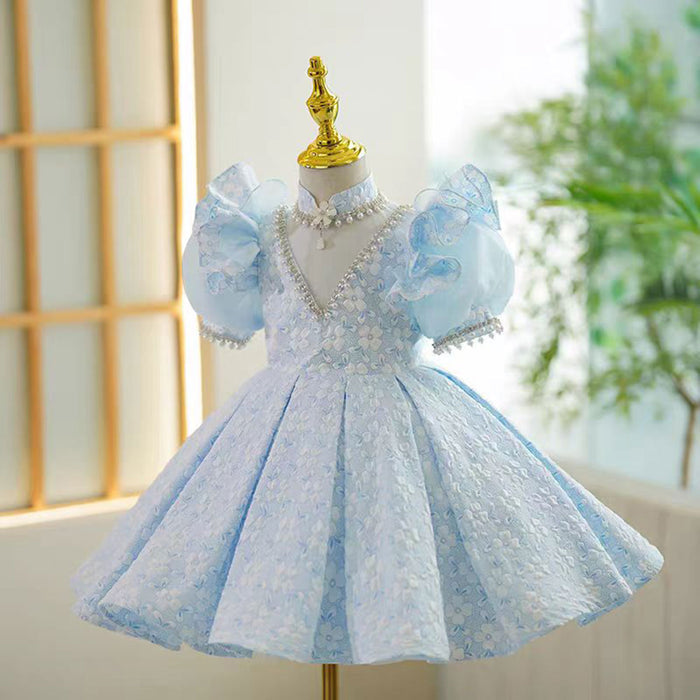 V-Neck Pearl Lace Baby Girl Dress With Flower Pattern Blue J799