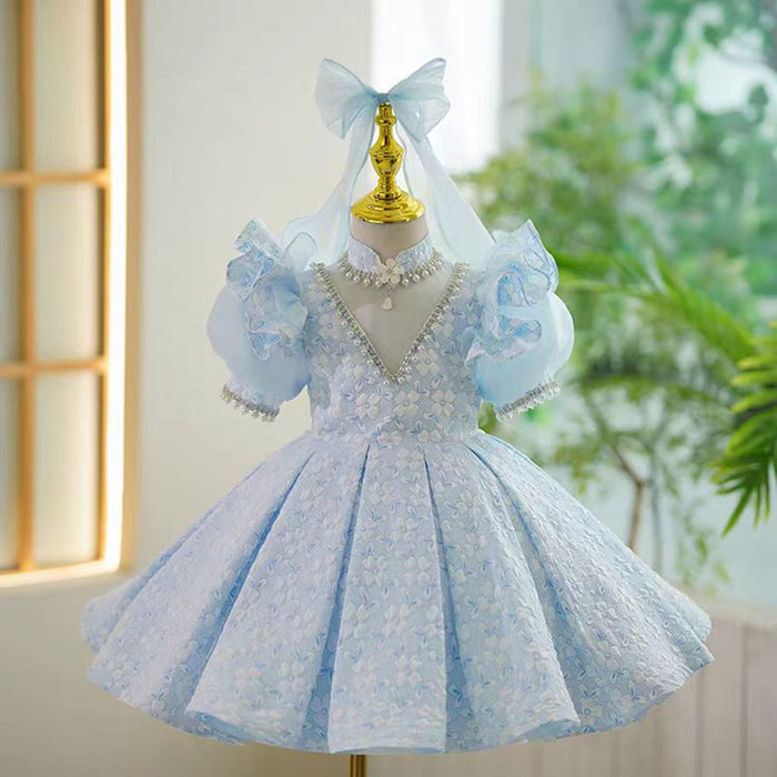 V-Neck Pearl Lace Baby Girl Dress With Flower Pattern Blue J799