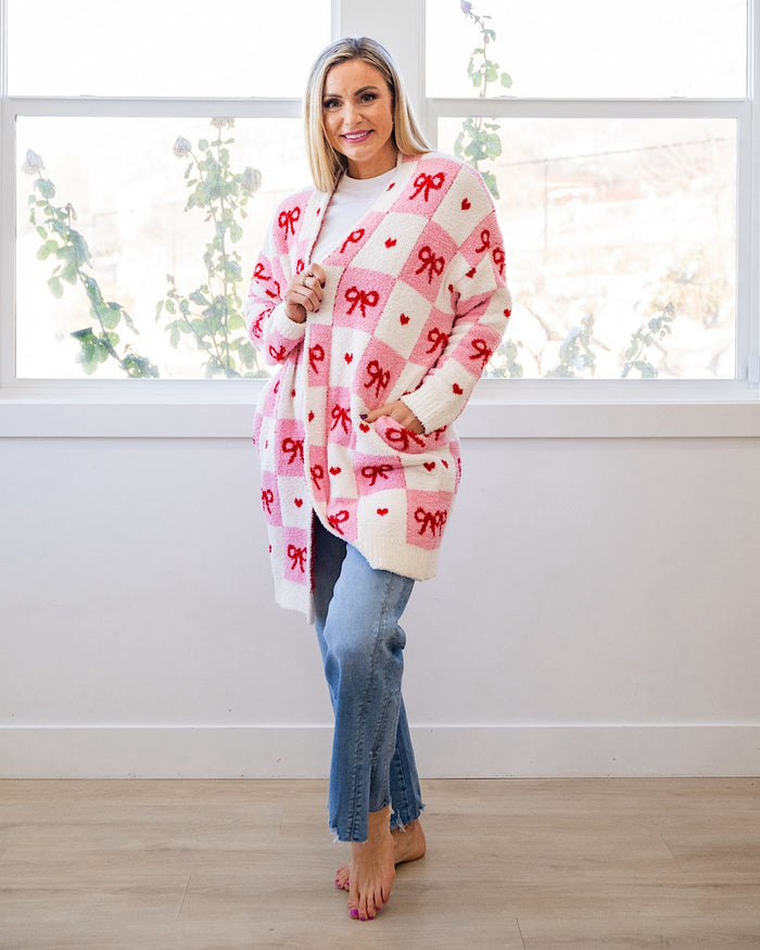 Valentine's Day Cloud Open Cardigan - Checkered Bows FINAL SALE Blakeley