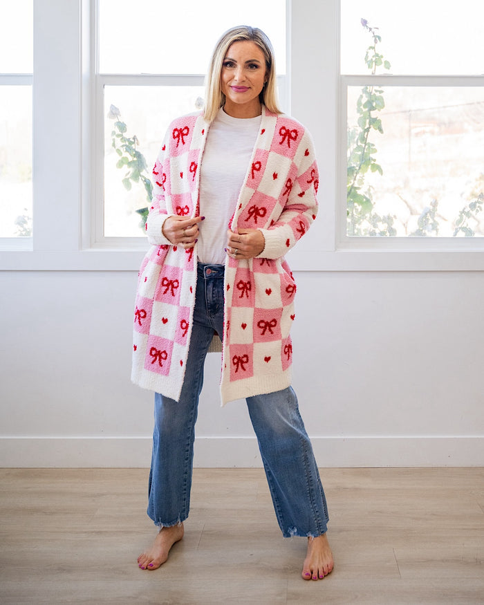 Valentine's Day Cloud Open Cardigan - Checkered Bows FINAL SALE Blakeley