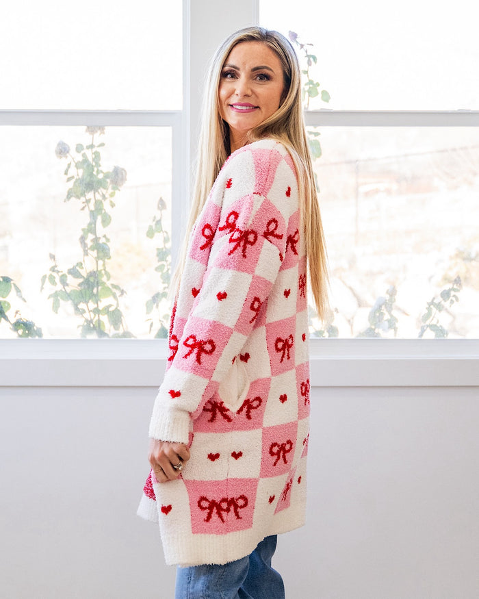 Valentine's Day Cloud Open Cardigan - Checkered Bows FINAL SALE Blakeley